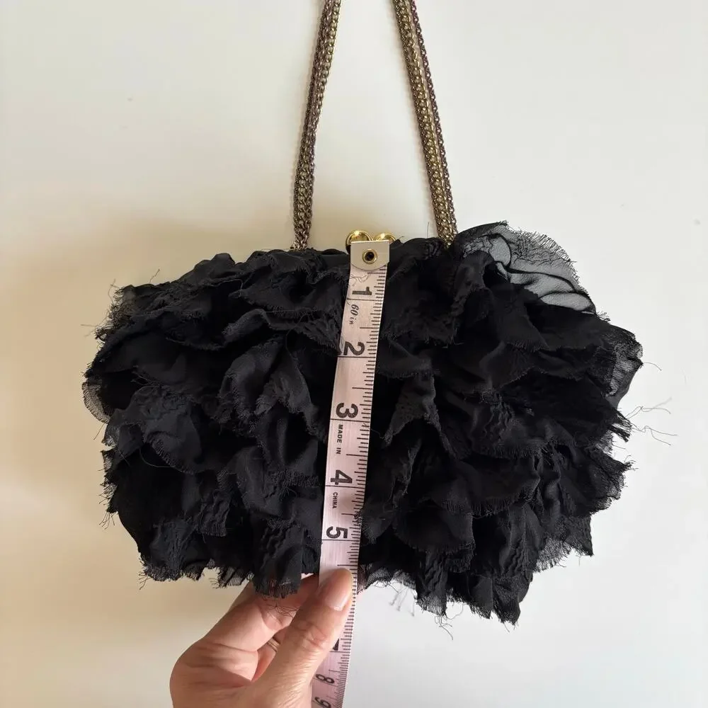 Betsey Johnson Black Ruffled Tulle Multi Chain Strap Clutch Bag Snap Closure